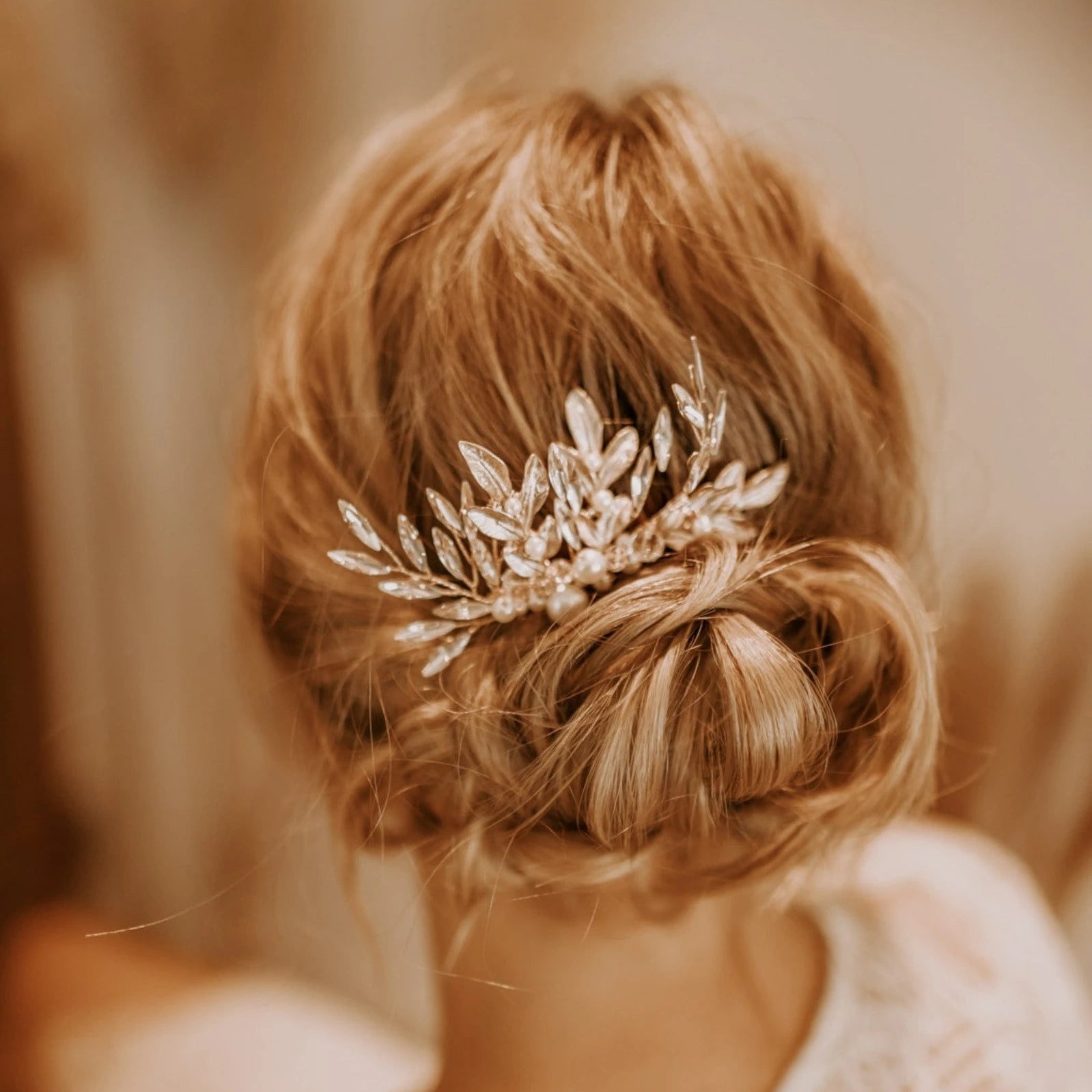 Braut Haarkamm Gold mit Blätter Perlen