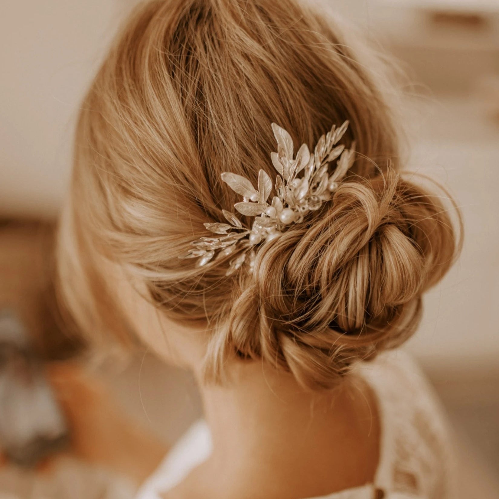 Haarkamm Hochzeit Silber mit Blätter Perlen