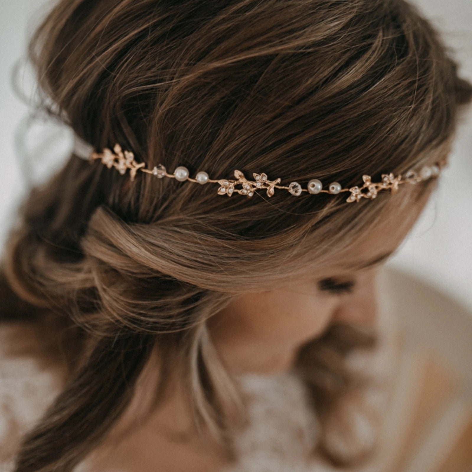 Braut Haarschmuck Gold Blätter Perlen